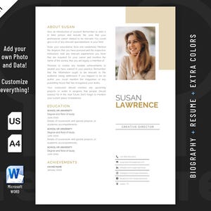 Creative, Modern and Professional Biography Resume template design for Word. This bundle includes biography and resume. Fully customizable.
