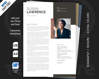 Modern Biography template design for Word. 3 editable color designs included.