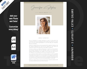 Elegant, Modern and Professional Biography Resume template design for Word. Included are 2 Layouts and 3 color schemes.