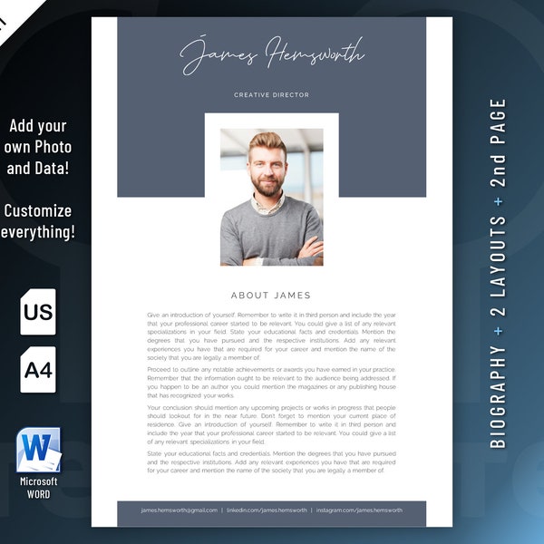 Modern, Executive and Professional Biography Resume template design for Word. Included are 2 Layouts and 2nd page.