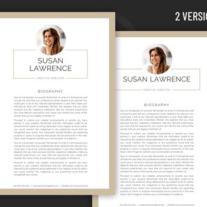 May include: A beige and gold resume template with a photo of a woman. The text "Susan Lawrence, Creative Director" is at the top of the page. The text "Biography" is in a larger font size and is centered on the page. The text below the heading provides instructions on how to write a biography.