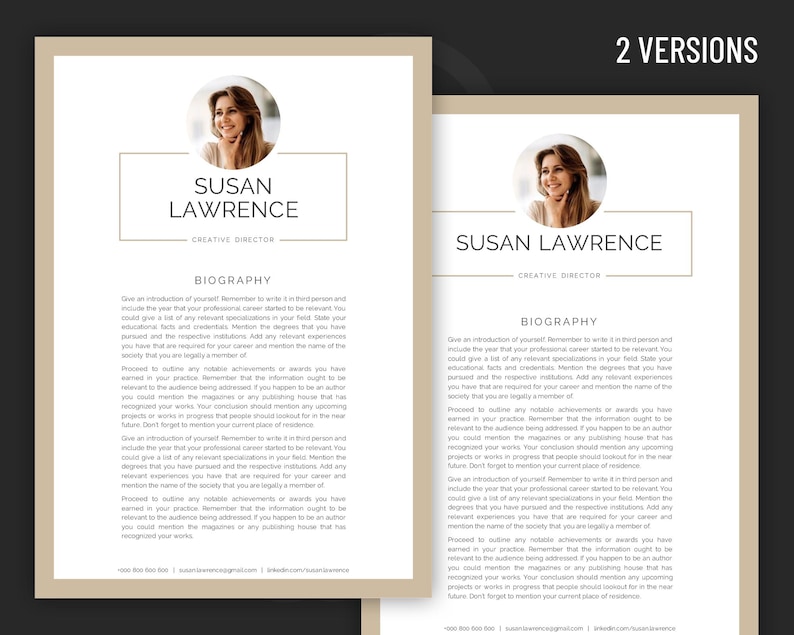May include: A beige and gold resume template with a photo of a woman. The text "Susan Lawrence, Creative Director" is at the top of the page. The text "Biography" is in a larger font size and is centered on the page. The text below the heading provides instructions on how to write a biography.