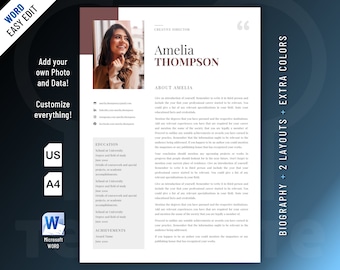 Creative, Modern and Professional Biography Resume template design for Word. Included are 2 Layouts and 3 color schemes.