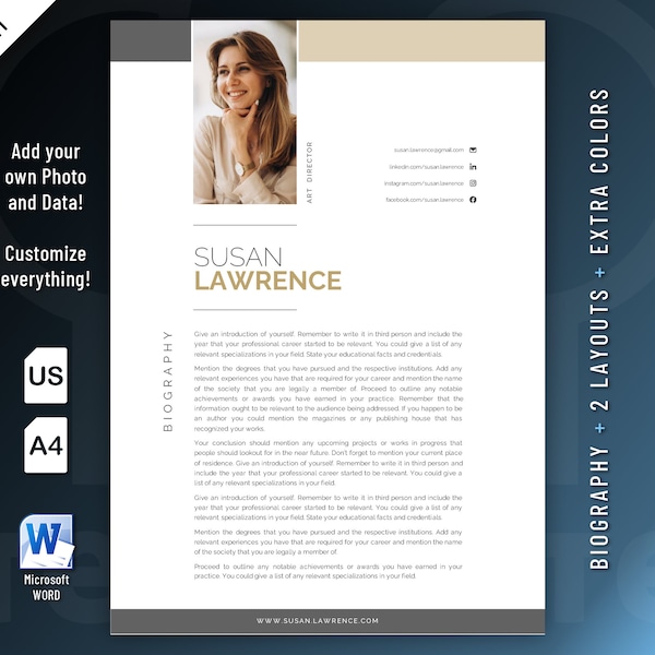 Creative, Modern and Professional Biography Resume template design for Word. Included are 2 Layouts and 3 color schemes.