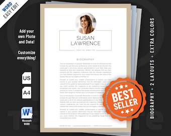Biography template for Word with professional design. Included are 2 editable designs.