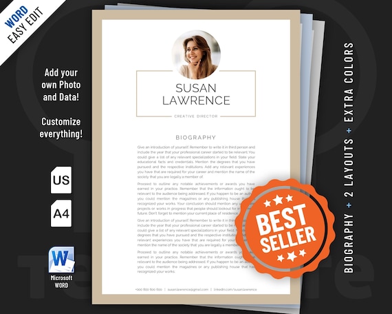 Biography template for Word with professional design. Included are 2 editable designs.