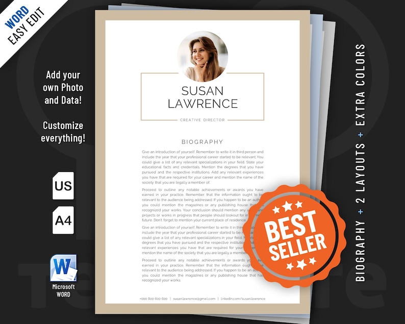 Biography template for Word with professional design. Included are 2 editable designs. image 1
