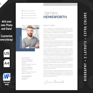 Creative, Modern and Professional Biography Resume template design for Word. Included are 2 Layouts and 3 color schemes.