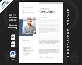 Creative, Modern and Professional Biography Resume template design for Word. Included are 2 Layouts and 3 color schemes.