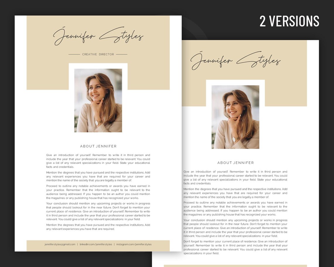 Professional Bio Template Design for Word. Included Are 2 Editable ...