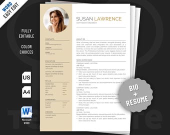 Diseño de plantilla de currículum y biografía para Word. Incluye dos diseños editables.