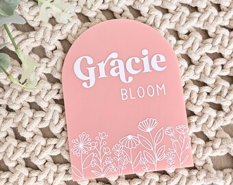Name Announcement Plaque | Acrylic Arch | Birth Announcement | Baby Announcement | Flower Line Art