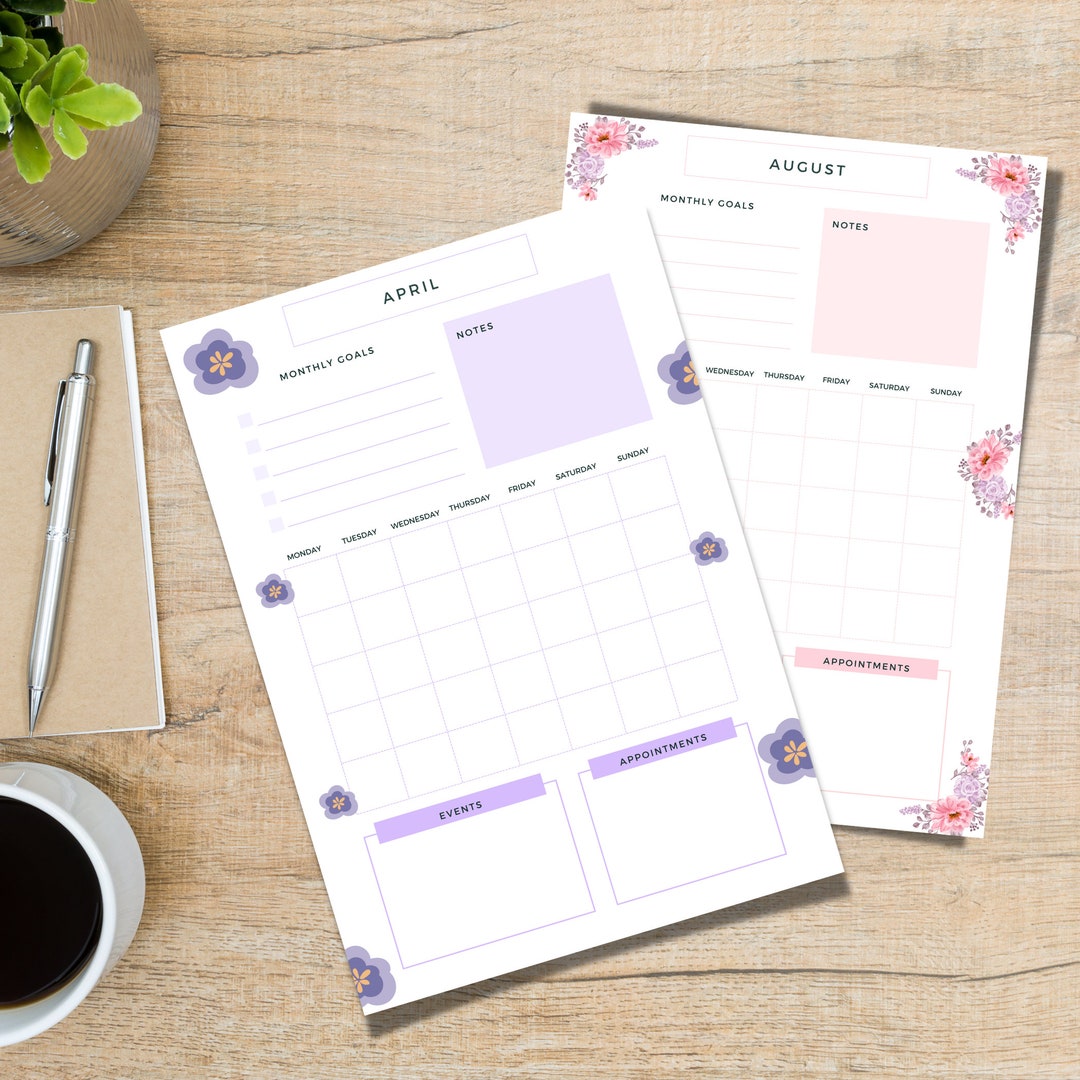 Monthly Planner, Printable, Undated Monthy Calendar, PDF, Planner,cute ...