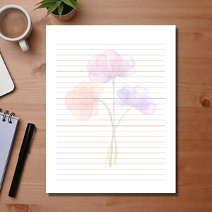 Papelería floral imprimible para cartas manuscritas, con y sin raya. Disponible en tamaños A4 y 8,5 x 11.