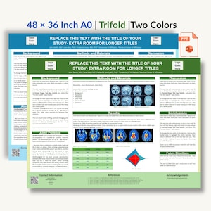 May include: A trifold poster with a blue and green design, featuring the text "48 x 36 Inch A0 | Trifold | Two Colors." The poster includes sections for the title, background, methods, results, and conclusions. The poster is 48 inches wide and 36 inches tall.