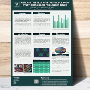 May include: A teal scientific poster with the title "REPLACE THIS TEXT WITH THE TITLE OF YOUR STUDY- EXTRA ROOM FOR LONGER TITLES." The poster includes sections for abstract, methods, introduction, results, discussion, and conclusions.