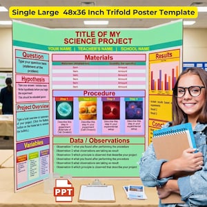 Può includere: Un modello di poster di progetto scientifico a tre ante, di grandi dimensioni, 122x91 cm, con sezioni per domande, ipotesi, materiali, procedura, dati e risultati. Il poster include un titolo e una persona sorridente che tiene in mano un quaderno.