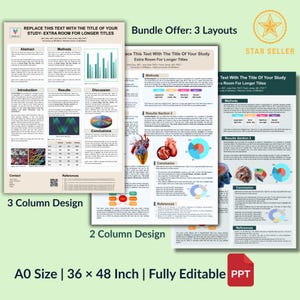 Puede incluir: Un paquete de tres diseños de póster PPT editables. Los carteles presentan un diseño de 3 y 2 columnas, con el texto "Reemplace este texto con el título de su estudio" y "Tamaño A0 | 91 x 122 cm | PPT totalmente editable". La imagen incluye gráficos.
