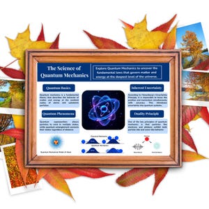 以下が含まれることがあります： 「量子力学の科学」と題された、テキストと図表が描かれた額入りのプリント。プリントは紅葉と小さな木の写真で囲まれています。テキストは、量子力学の基礎、現象、固有の不確実性、二重性の原理を探求しています。