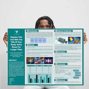 May include: A poster held by a person, featuring a teal and white design with text and graphics. The title area reads "Replace This Text With The Title Of Your Study- Extra Room For Longer Titles." Sections include "Introduction," "Methods & Materials," and "Results."