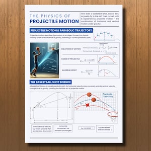 May include: Educational poster titled "The Physics of Projectile Motion" with diagrams and text explaining parabolic trajectory and basketball shot science. Includes equations, diagrams of basketball shots, and the text "The Basketball Shot Science".