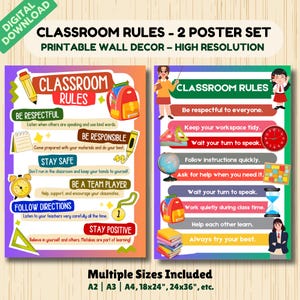 Classroom Rules Poster, Positive Behavior Chart, Class Expectations for Elementary, Kindergarten & Preschool, Class Rules Printable Wall Art