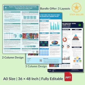 Op de afbeelding: Een bundel van drie bewerkbare presentatie-indelingen. De indelingen omvatten een 2-koloms ontwerp, een 3-koloms ontwerp en een ontwerp met gegevensanalyse- en resultaatsecties. Het posterformaat is 91 x 122 cm.