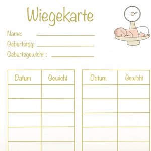 Weegkaart, baby, wegen, digitaal bestand om zelf uit te printen, voor verloskundigen of voor privégebruik als herinnering