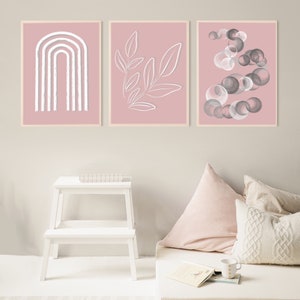 3 carteles/cuadros en rosa, blanco, gris, descargar para imprimir, arcoiris, pompas de jabón, hojas, arte digital, A4 y A3, decoración de pared