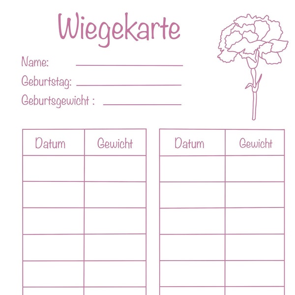 Wiegekarte, Geburtsblume, Baby, Wiegen, Digitale Datei zum selber Ausdrucken, für Hebammen oder für den Privatgebrauch zur Erinnerung