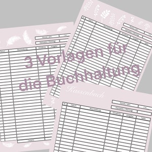 Puede incluir: Tres plantillas imprimibles para un libro de caja, con un fondo rosa y detalles florales. El texto "3 Vorlagen fur die Buchhaltung Kassenbuch" es visible en la página.