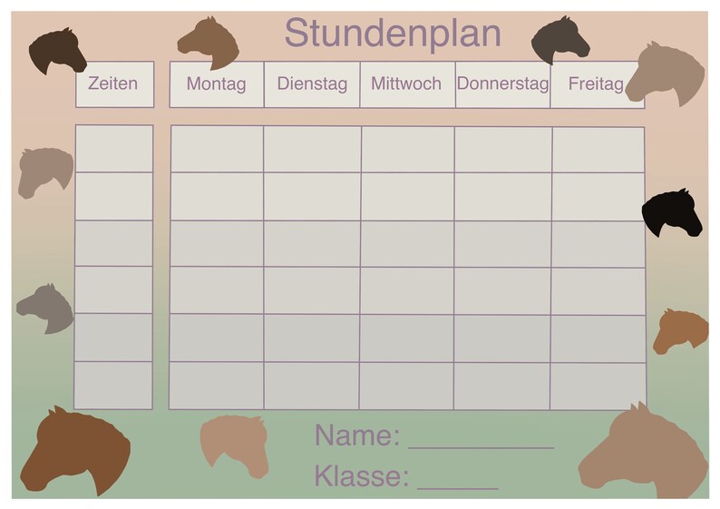Timetable With Horses, Enrollment, Digital File, Print Out Yourself
