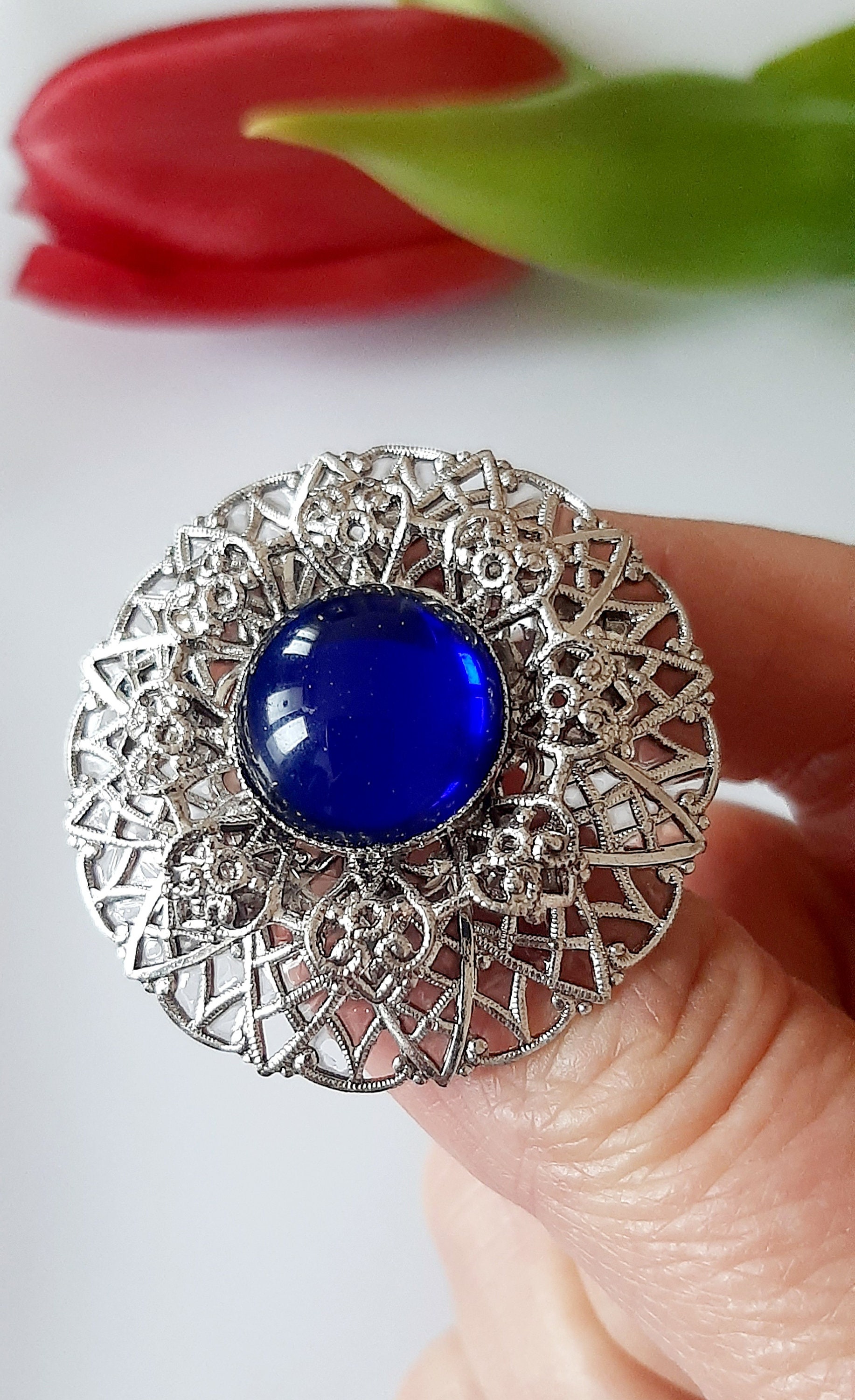 Broche Vintage 1800, Cheval Bride Rosace Chasseur, Verre Bombé Bleu