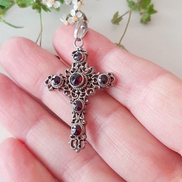 Beautiful Antique Bohemian Garnet Pendant, cross, silver 835, 1930 s., Czechoslovakia