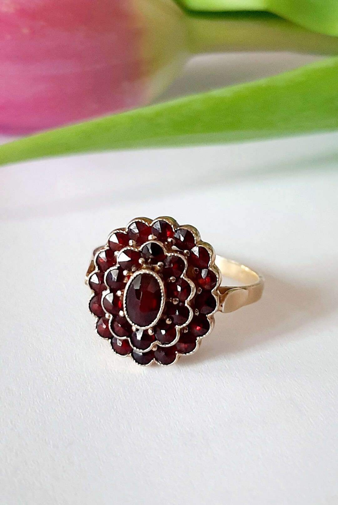 Silver ring with a scattering of natural Czech garnet buy in 💎Zlatka UK