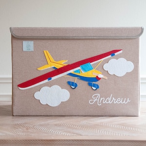 PERSONALIZED Airplane Toy Box + Storage Box, Felt Appliquéd + Embroidered, Bedroom Decor For Boys, Boy Birthday Gift, Baby Shower Gift