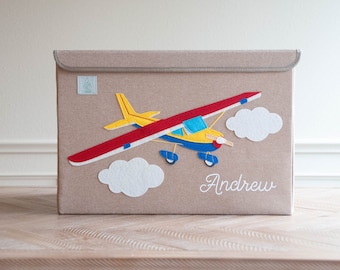 PERSONALIZED Airplane Toy Box + Storage Box, Felt Appliquéd + Embroidered, Bedroom Decor For Boys, Boy Birthday Gift, Baby Shower Gift