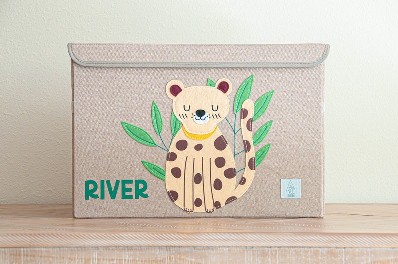 Peaceful Cheetah PERSONALIZED Toy Box Storage Box, Fabric Toy Box with Lid for Toy Storage, Jungle Nursery Decor, Baby Shower Gift image 1