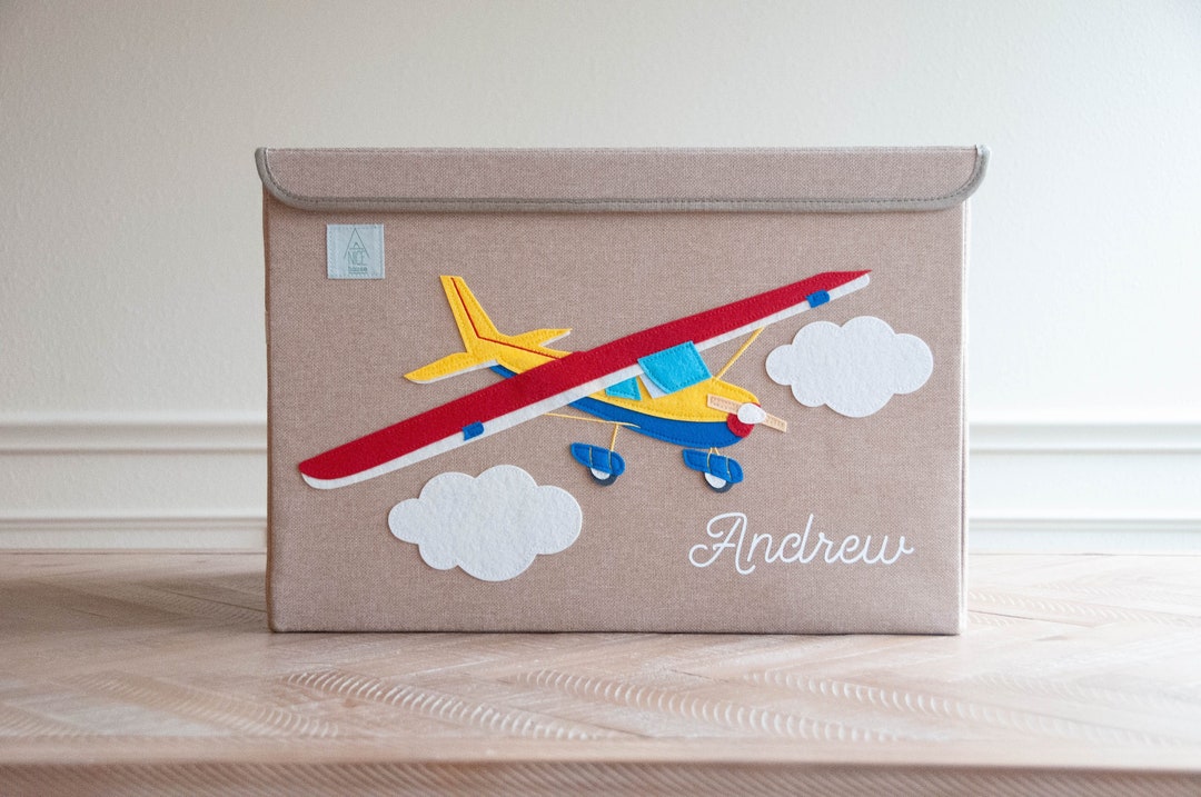 PERSONALIZED Airplane Toy Box Storage Box, Felt Appliquéd Embroidered, Bedroom Decor for Boys