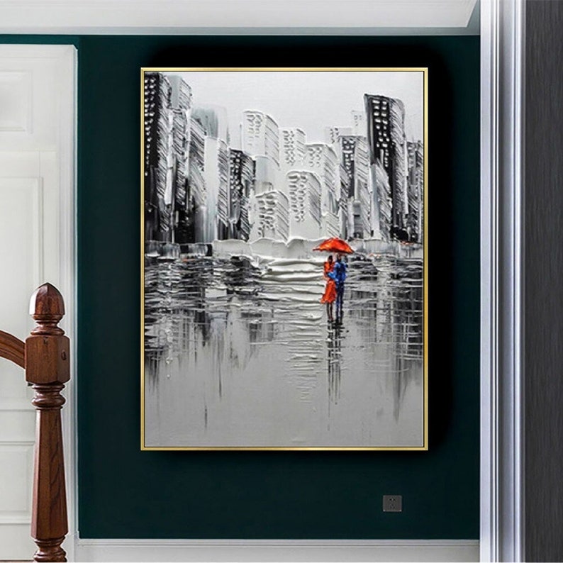Hand Painted- Couple Walking in the Rain- Oil Painting Home Decoration- Modern Abstract Acrylic Paintings no Framed-W1009