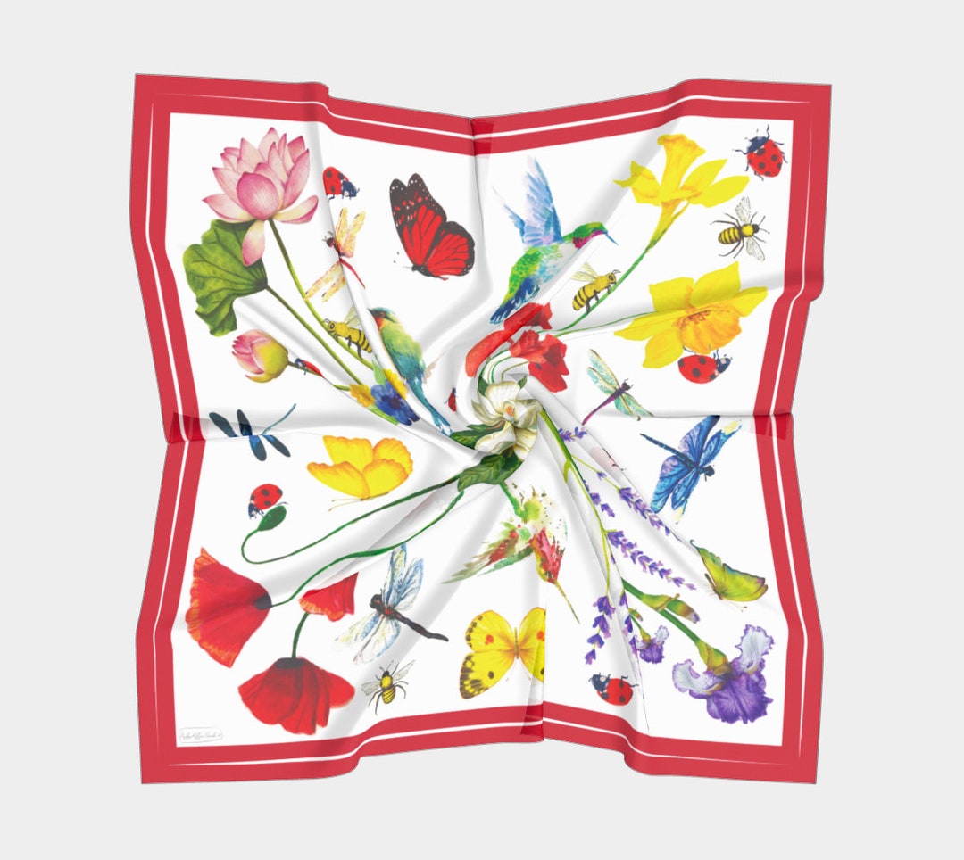 Red Floral Silk Scarf Floral Shawl Wrap Bandana Head Cover Satin