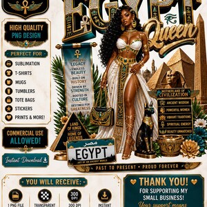 May include: A digital graphic design file featuring an Egyptian queen illustration with gold and white attire, pyramids, a black cat statue, and text including EGYPT QUEEN, LAND OF KINGS, and MOTHERLAND OF CIVILIZATION, presented as a high-quality PNG.