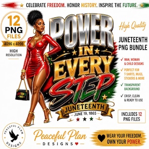 Op de afbeelding: Digitale kunst voor Juneteenth met een vrouw in een rode jurk, gouden accessoires en een handtas. Het ontwerp bevat de tekst "Power in Every Step" en "Juneteenth", met de datum 19 juni 1865. Bevat 12 PNG-bestanden.