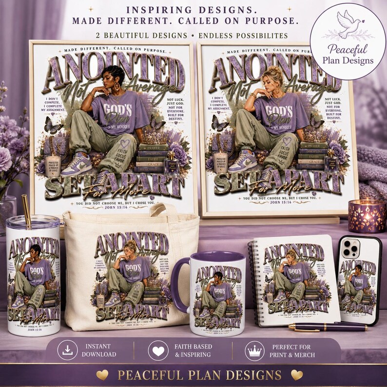 May include: A collection of merchandise featuring a design with the text "Anointed Not Average" and a seated figure. Items include framed art, a tumbler, tote bag, mug, notebook, and phone case. The design incorporates purple and green tones.