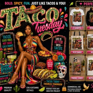 以下が含まれることがあります： キラキラした緑とピンクの文字で「Taco Tuesday」と書かれたデジタルグラフィックデザインファイル。カラフルなストライプの衣装を着た人物がタコスを持ち、その周りにタコス、ドクロ、サボテン、様々な製品のモックアップが配置されている画像。