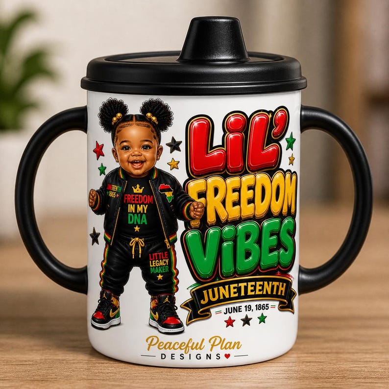 May include: A white sippy cup with black handles and a black lid. The cup features a colorful illustration of a child in a black outfit with the text "Lil' Freedom Vibes Juneteenth" and "Freedom in my DNA". The cup also has the text "Peaceful Plan Designs".