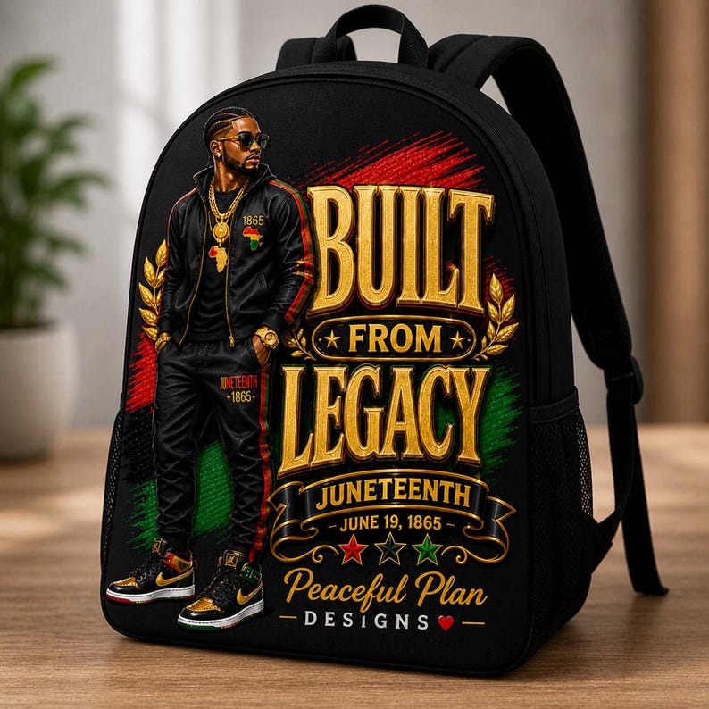 May include: Black backpack featuring a stylish illustration of a man in a tracksuit, gold jewelry, and sunglasses. The backpack has the text "BUILT FROM LEGACY" and "JUNETEENTH - JUNE 19, 1865". The design incorporates red, green, and gold accents.