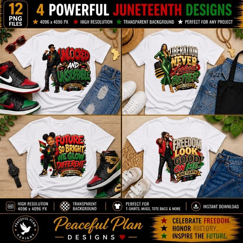 May include: A digital design featuring four white t-shirts with Juneteenth graphics. Each shirt has a unique design with text and illustrations, including phrases like "Unlocked and Unstoppable" and "Freedom Look Good on Me." The image also includes jeans, sneakers, and accessories.