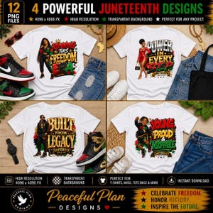 May include: Four white t-shirts with Juneteenth designs. Each shirt features a unique graphic with text like "Running This Freedom Era" and "Power in Every Step." The designs include illustrations of people and patriotic colors. Accessories like sneakers and jeans are also shown.
