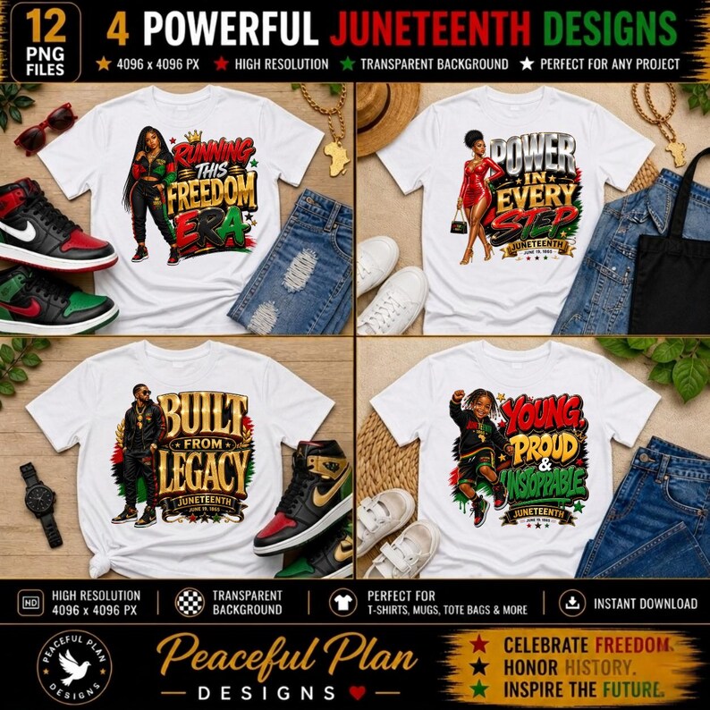 May include: Four white t-shirts with Juneteenth designs. Each shirt features a unique graphic with text like "Running This Freedom Era" and "Power in Every Step." The designs include illustrations of people and patriotic colors. Accessories like sneakers and jeans are also shown.